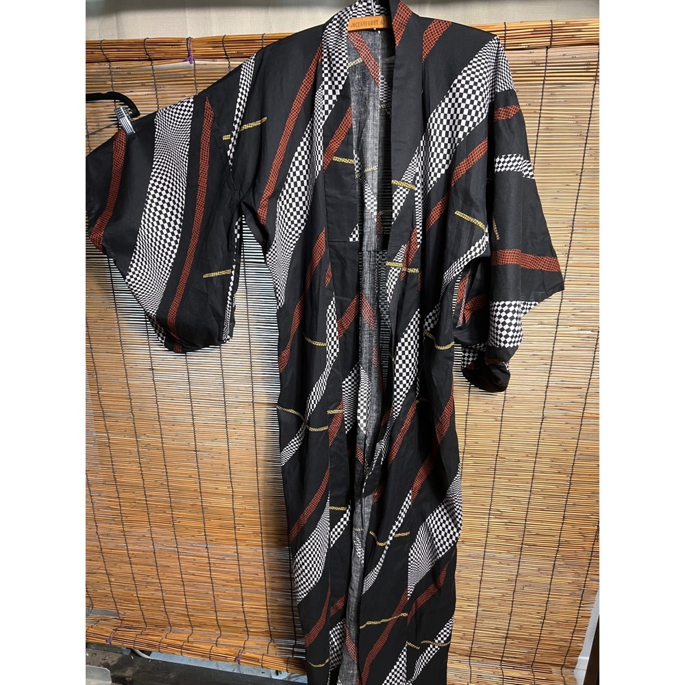 Vintage Japanese Cotton Yukata Kimono Robe Black White Checkerboard Geometric